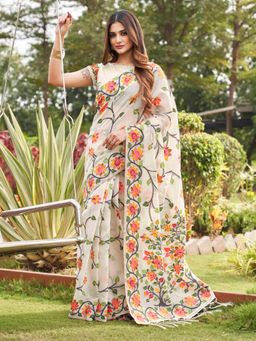 Tikhi Imli - White Colored Woven Designer Saree with Unstitched Blouse