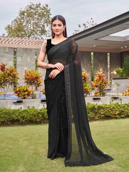 Tikhi Imli - Black Striped Saree With Sequinned Unstitched Blouse