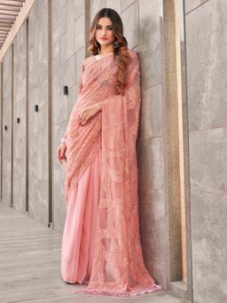 Tikhi Imli - Peach Colored Half And Half Designer Saree with Unstitched Blouse