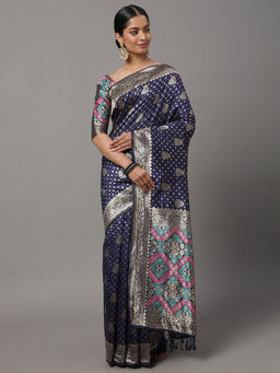 Akhilam - Women Silk Blend Navy Blue Woven Design Saree with Unstitched Blouse Piece