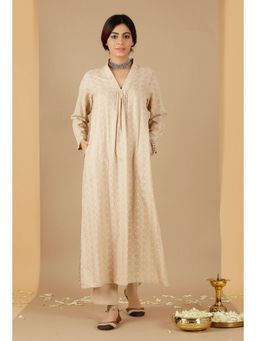 Tjori - Beige Gathered Kurta with Pockets & Straight Pants (Set of 2)