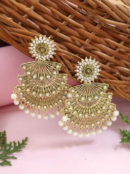 I Jewels - Ethnic Gold Plated Stone Studded And Pearl Embellished Drop Earrings