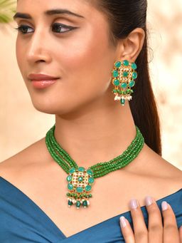 Silvermerc Designs - Green Kundan Necklace and Earrings Set