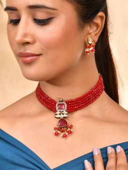 Silvermerc Designs - Traditional Red Kundan Choker & Earrings For Women