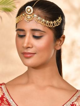 Silvermerc Designs - Gold-Plated Floral Meenakari Maang Tikka With Borla