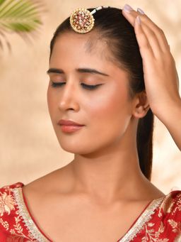 Silvermerc Designs - Gold-Plated Red Enamel Kundan Borla Maang Tikka With Pearl