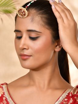 Silvermerc Designs - Gold-Plated Red Meenakari Borla Maang Tikka With Kundan And Pearl