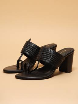 ERIDANI - Women Niva Black Embellished Toe Loop Block Sandals Heels