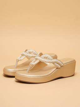ERIDANI - Women Vihana Gold Pearl Embellished Wedges Heels