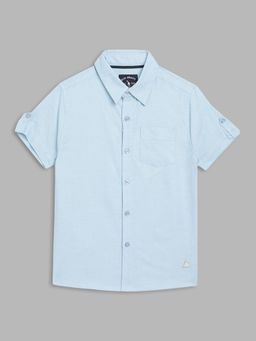 Blue Giraffe - Boys Blue Solid Spread Collar Short Sleeves Shirt