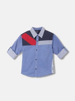 Blue Giraffe - Boys Blue Color-Blocked Spread Collar Full Sleeves Shirt