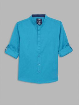 Blue Giraffe - Boys Blue Solid Band Collar Full Sleeves Shirt