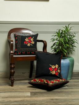 Crown of Poppies - Black Vintage Bloom Cushion Covers (Pack of 3) (16 x 16)