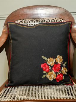 Crown of Poppies - Black Vintage Bloom Cushion Cover (16 x 16)
