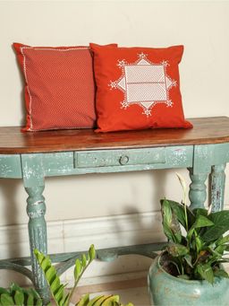 Crown of Poppies - Red Sacred Geometric Rajasthani Mandana Series Cushion Covers (Pack of 2) (16 x 16)