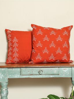 Crown of Poppies - Green Rajasthani Mandana Series Cushion Covers (Pack of 2) (16 x 16)