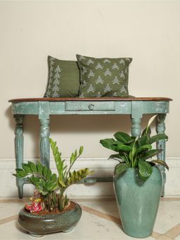 Crown of Poppies - Green Rajasthani Mandana Green Cushion Covers (Pack of 2) (16 x 16)