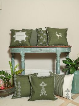 Crown of Poppies - Green Rajasthani Mandana Green Cushion Covers (Pack of 7) (16 x 16)