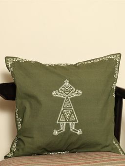Crown of Poppies - Green Sacred Geometric Rajasthani Mandana Series Green Cushion Cover (16 x 16)