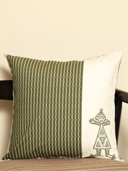 Crown of Poppies - Green Sacred Geometric Rajasthani Mandana Series Green Cushion Cover (16 x 16)