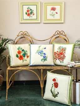Crown of Poppies - Off White Blooming Garden Printed Cushion Covers (Pack of 4) (18 x 18)