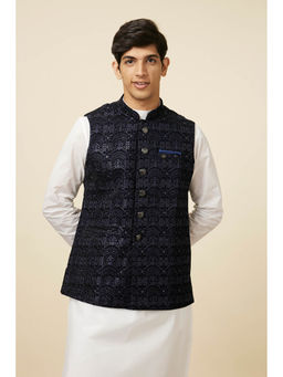 Manyavar - Navy Blue Velvet Embroidered Sleeveless Jacket