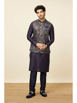 Manyavar - Navy Blue Blended Viscose Printed Full Sleeves Jacket (Set of 3)