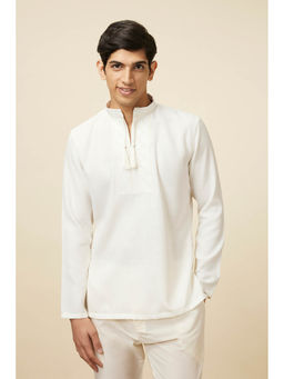 Manyavar - Cream Blended Viscose Solid Full Sleeves Short Kurta