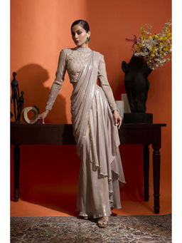 BABITA M - Beige Pre-draped Saree with Stitched Blouse