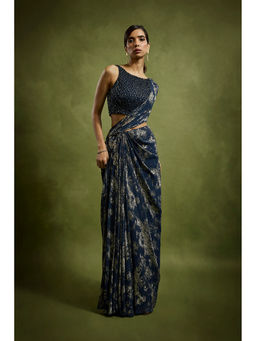 BABITA M - Midnight Blue Gold Foiled Pre-draped Saree with Stitched Blouse