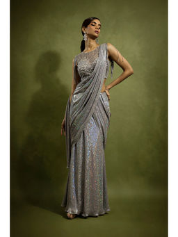 BABITA M - Silver Slate Metallic Pre-draped Saree with Stitched Blouse