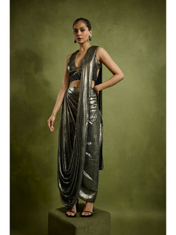BABITA M - Metallic Georgette Foil Pre-draped Saree with Stitched Blouse