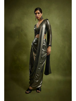 BABITA M - Metallic Embossed Pre-draped Saree with Stitched Blouse