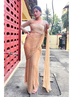 Label Simran Kochher - Pale Gold Pre-Draped Saree with Stitched Blouse