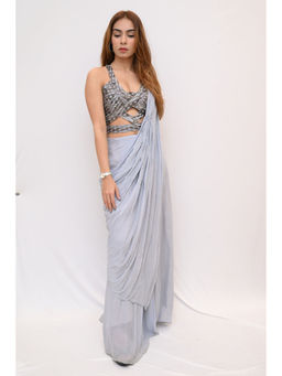 Label Simran Kochher - Grey Out Modern Twist Pre-Draped Saree with Stitched Blouse
