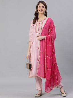 ISHIN - Womens Pink Embroidered A-line Kurta Trouser Dupatta (Set of 3)