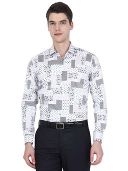 JB Studio - Mens White And Black Cotton Slim Fit Printed Formal Party Wear Shirt