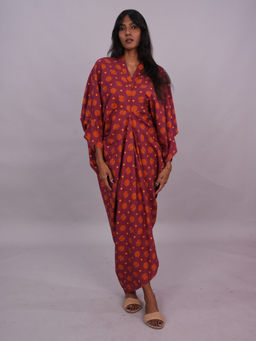 Azurina - Marigold Spice Wine Cotton Printed Chandrika Kaftan Maxi Dress