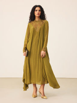 Ritu Kumar - Olive Naqsh Full Sleeve Kaftan Dress