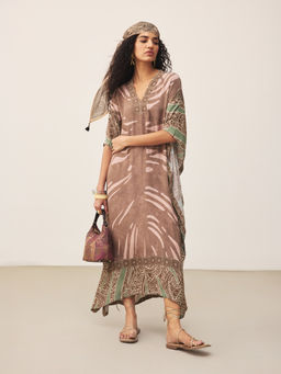 Ritu Kumar - Brown Cascade Haf Sleeves Kaftan Dress With Camisole