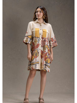Soup by Sougat Paul - Naomi Printed Boxy Shirt Beige Knee Length Dress