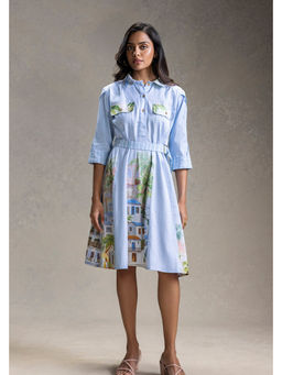 Soup by Sougat Paul - Reviera Printed Paneled Flared Blue Knee Length Dress