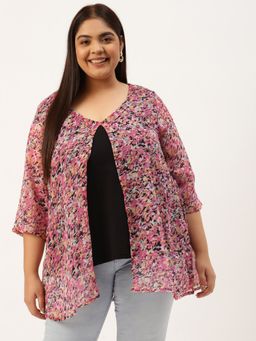 theRebelinme - Plus Size Womens Pink & Black Floral Printed Georgette Layered Longline Top