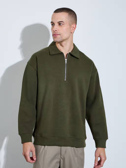 Styli - Men Olive Solid Zipper Collar-Neck Boxy Fit Sweatshirt