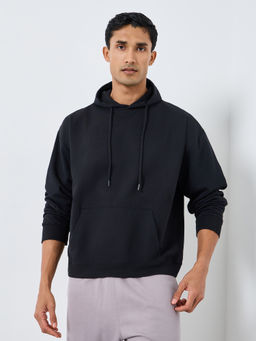Styli - Men Black Basic Solid Pullover Relaxed Fleece Hoodie