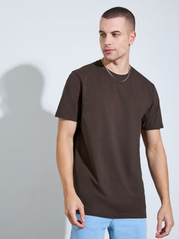 Styli - Men Brown Solid Crew-Neck Short Sleeves Regular-Fit Cotton T-Shirt