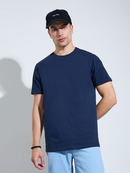 Styli - Men Navy Blue Solid Crew-Neck Short Sleeves Regular-Fit Cotton T-Shirt