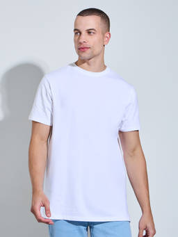 Styli - Men White Solid Crew-Neck Short Sleeves Regular-Fit Cotton T-Shirt