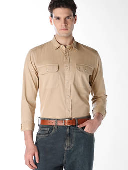 Jack & Jones - Men Beige Patch Pocket Full Sleeves Shirt