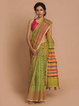 Indethnic - Banarasi Green Printed Daily Wear Saree With Unstitched Blouse